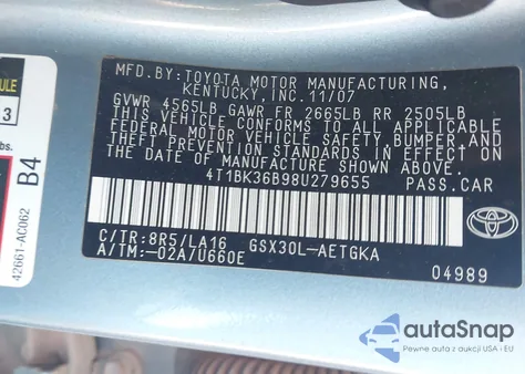 2008 Toyota Avalon Xls z USA, uszkodzony, nr VIN 4T1BK36B98U279655